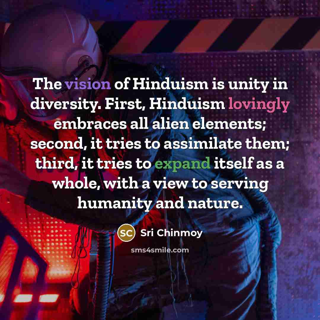 “The vision of Hinduism is unity in diversity. First, Hinduism…” quote by Sri Chinmoy