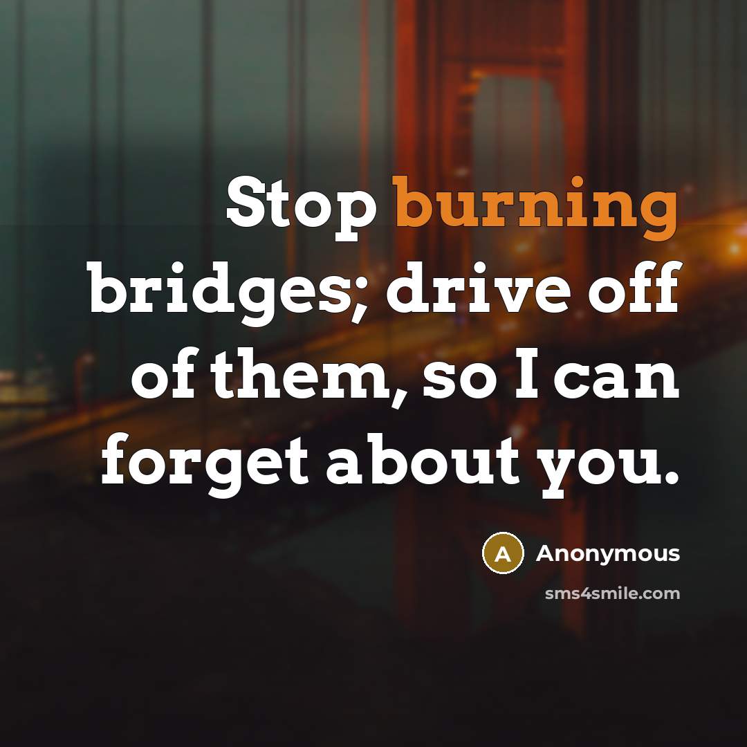 “Stop burning bridges; drive off of them, so I can…” quote by Anonymous