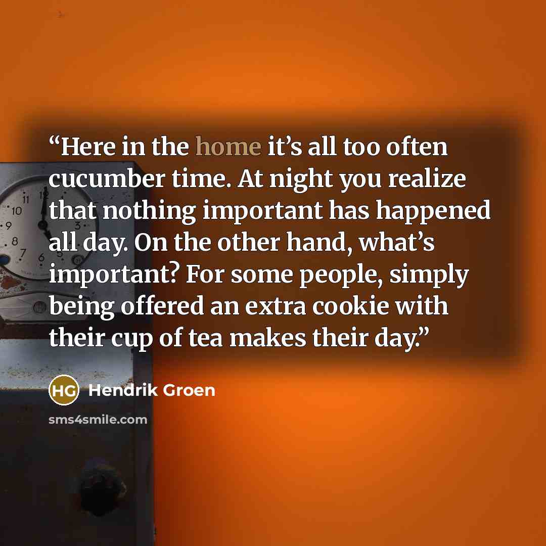 “Here in the home it’s all too often cucumber time. At night you realize that nothing important has happened all day. On the other hand, what’s important? For some people, simply being offered an extra cookie with their cup of tea makes their day.” quote by Hendrik Groen
