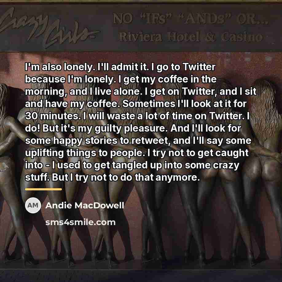 “I'm also lonely. I'll admit it. I go to Twitter…” quote by Andie MacDowell