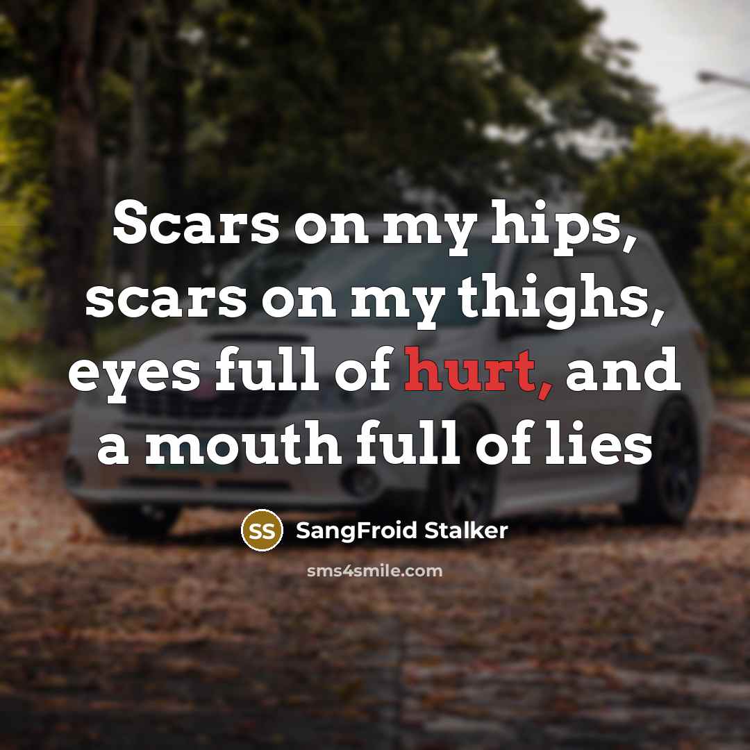 “Scars on my hips, scars on my thighs, eyes full…” quote by SangFroid Stalker
