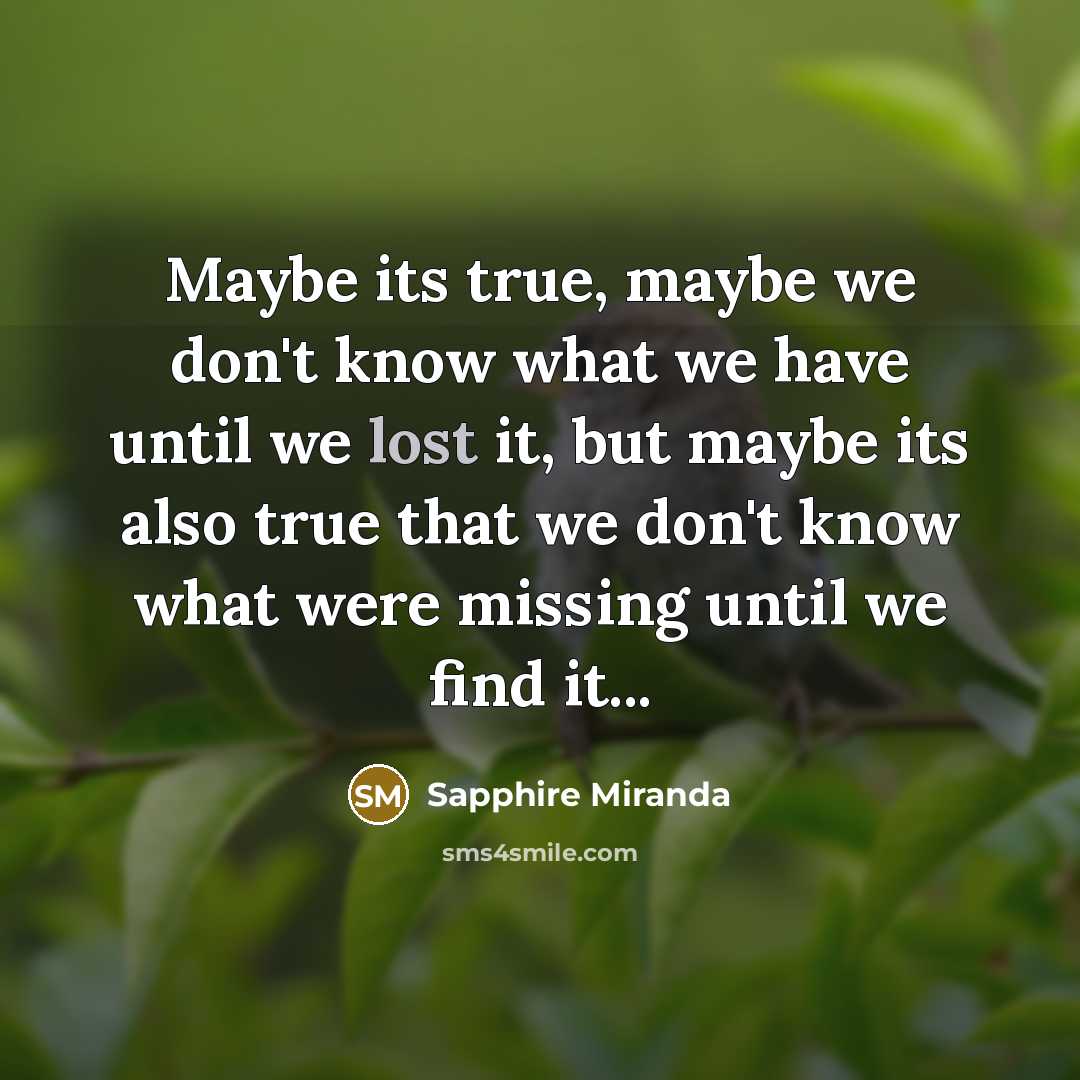“Maybe its true, maybe we don't know what we have until we lost it, but maybe its also true that we don't know what were missing until we find it...” quote by Sapphire Miranda