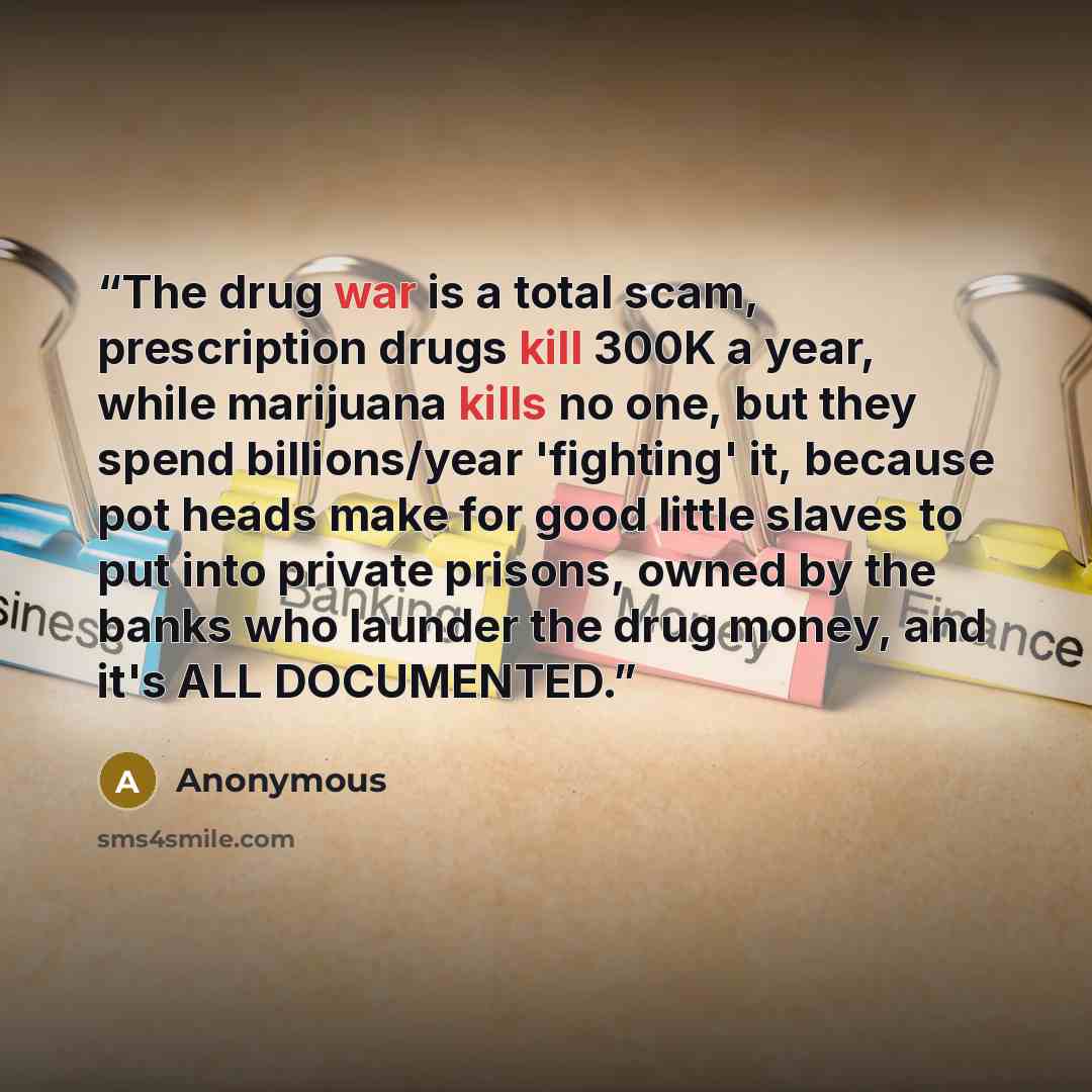 “The drug war is a total scam, prescription drugs kill 300K a year, while marijuana kills no one, but they spend billions/year 'fighting' it, because pot heads make for good little slaves to put into private prisons, owned by the banks who launder the drug money, and it's ALL DOCUMENTED.” quote by Anonymous