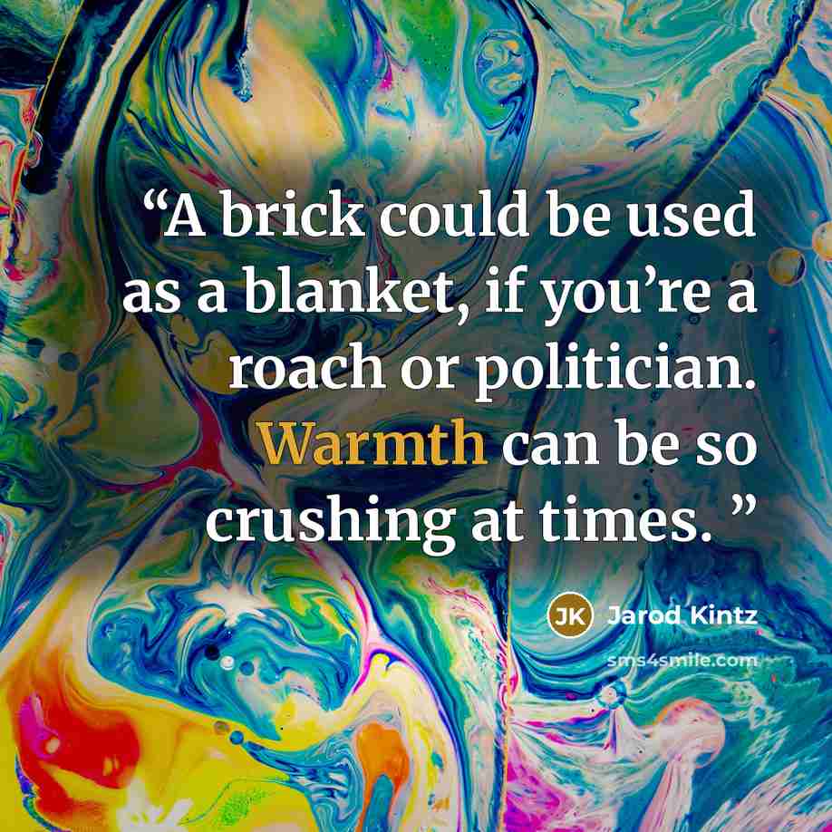 “A brick could be used as a blanket, if you’re a roach or politician. Warmth can be so crushing at times.” quote by Jarod Kintz