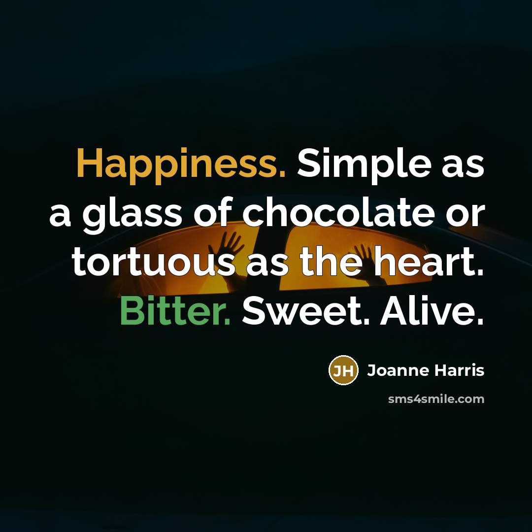 “Happiness. Simple as a glass of chocolate or tortuous as…” quote by Joanne Harris