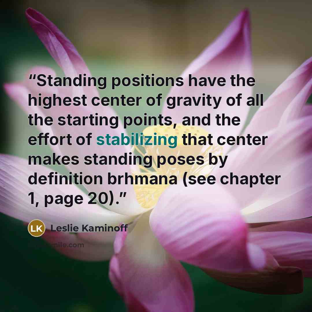 “Standing positions have the highest center of gravity of all the starting points, and the effort of stabilizing that center makes standing poses by definition brhmana (see chapter 1, page 20).” quote by Leslie Kaminoff