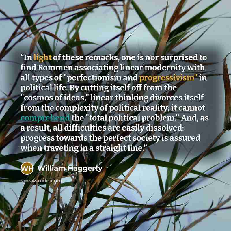 “In light of these remarks, one is nor surprised to find Rommen associating linear modernity with all types of "perfectionism and progressivism" in political life. By cutting itself off from the "cosmos of ideas," linear thinking divorces itself from the complexity of political reality; it cannot…” quote by William Haggerty