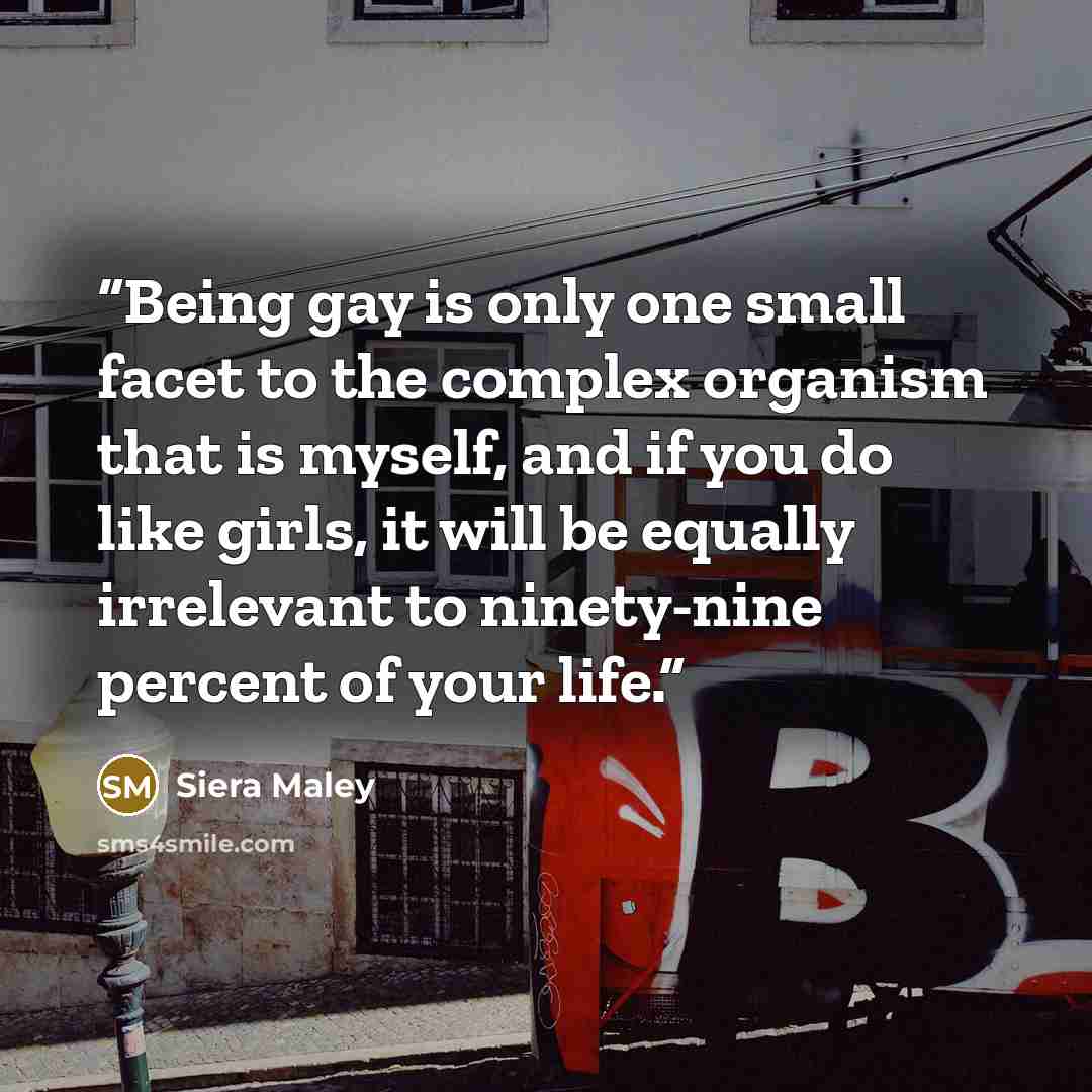 “Being gay is only one small facet to the complex organism that is myself, and if you do like girls, it will be equally irrelevant to ninety-nine percent of your life.” quote by Siera Maley