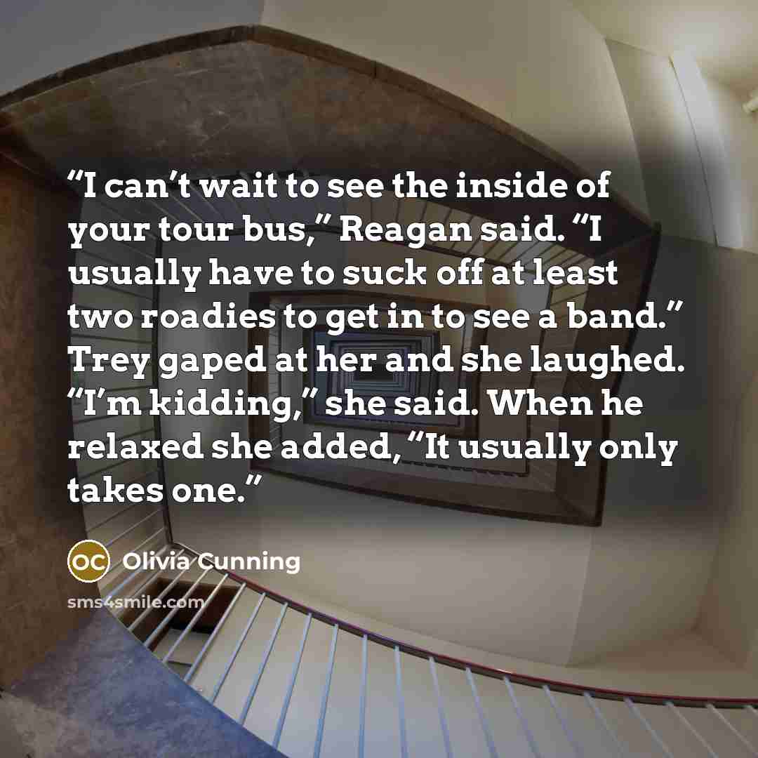 “I can’t wait to see the inside of your tour bus,” Reagan said. “I usually have to suck off at least two roadies to get in to see a band.” Trey gaped at her and she laughed. “I’m kidding,” she said. When he relaxed she added, “It usually only takes one.” quote by Olivia Cunning