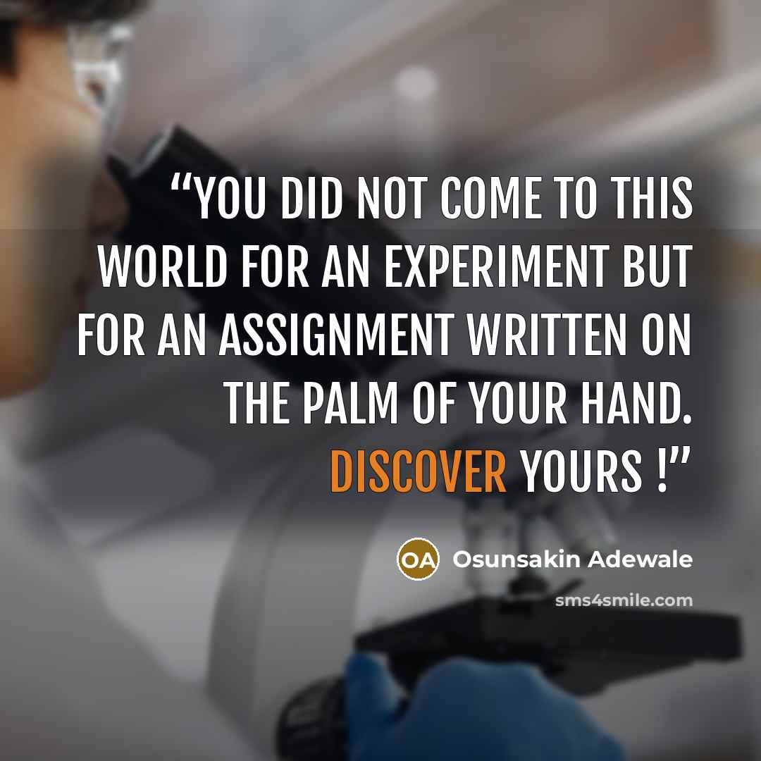 “You did not come to this world for an experiment but for an assignment written on the palm of your hand. Discover yours !” quote by Osunsakin Adewale