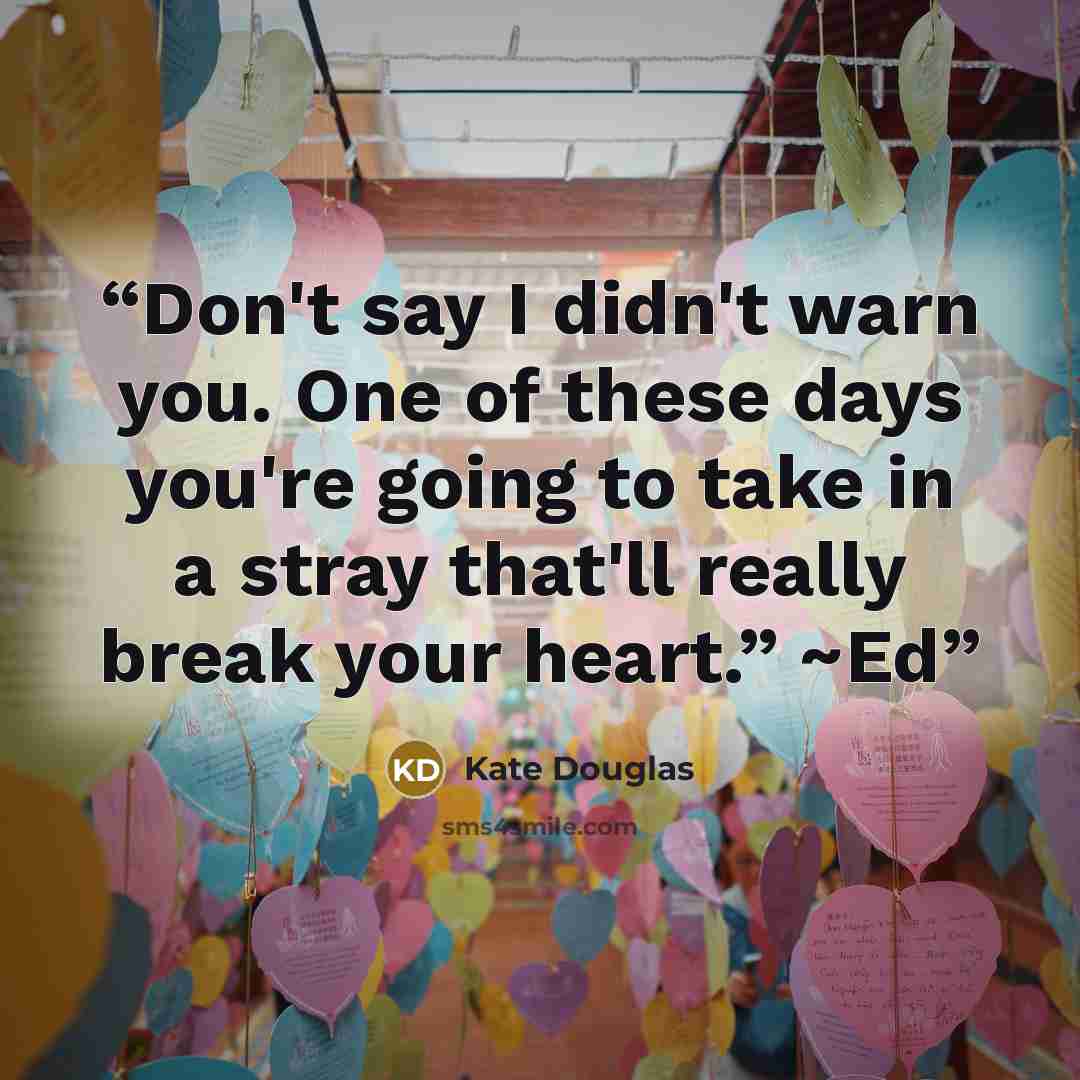 “Don't say I didn't warn you. One of these days you're going to take in a stray that'll really break your heart.” ~Ed” quote by Kate Douglas