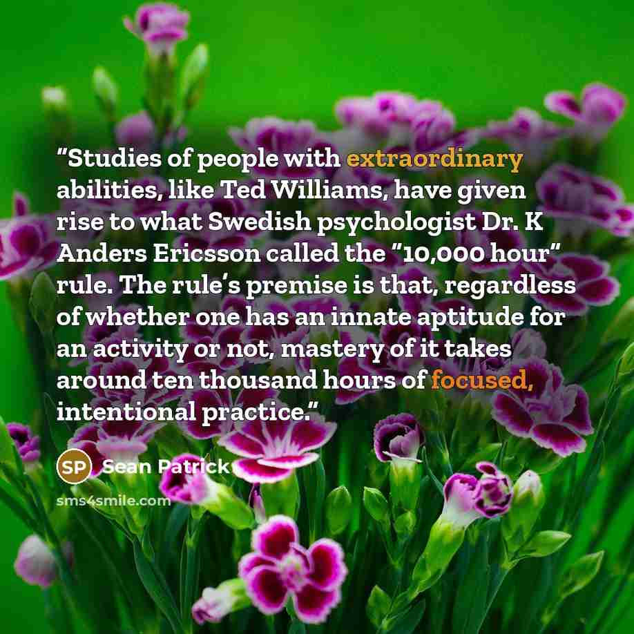 “Studies of people with extraordinary abilities, like Ted Williams, have given rise to what Swedish psychologist Dr. K Anders Ericsson called the “10,000 hour” rule. The rule’s premise is that, regardless of whether one has an innate aptitude for an activity or not, mastery of it takes around ten…” quote by Sean Patrick