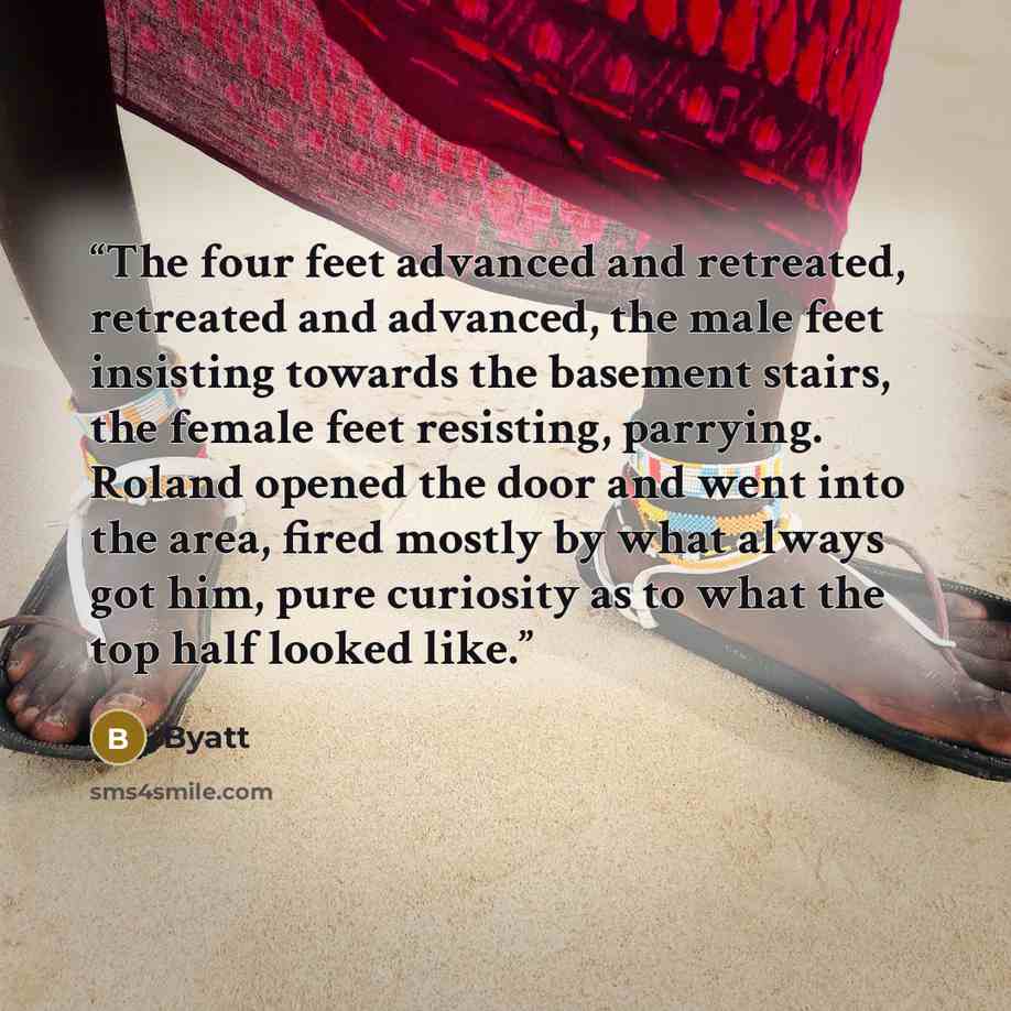 “The four feet advanced and retreated, retreated and advanced, the male feet insisting towards the basement stairs, the female feet resisting, parrying. Roland opened the door and went into the area, fired mostly by what always got him, pure curiosity as to what the top half looked like.” quote by Byatt