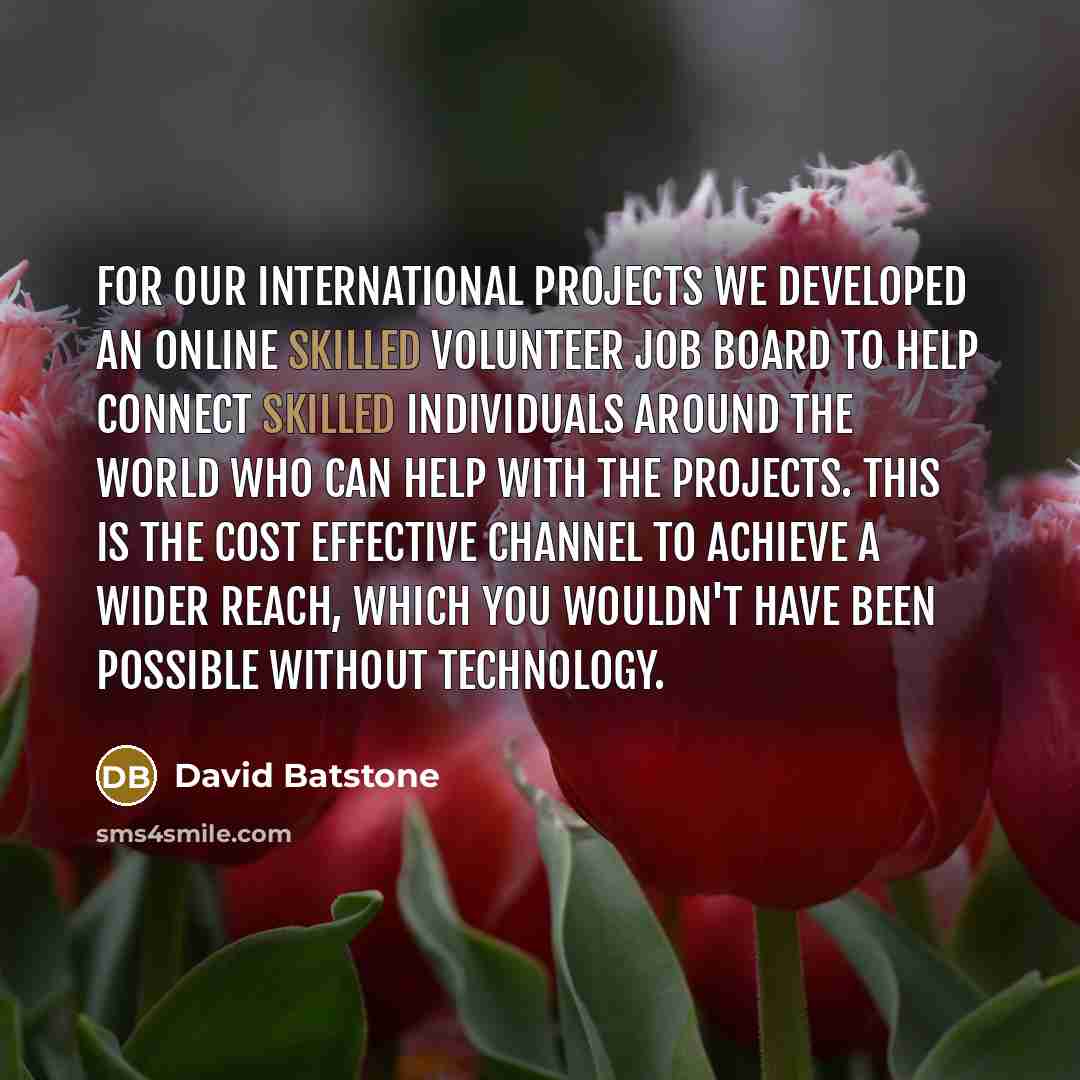 “For our international projects we developed an online skilled volunteer…” quote by David Batstone