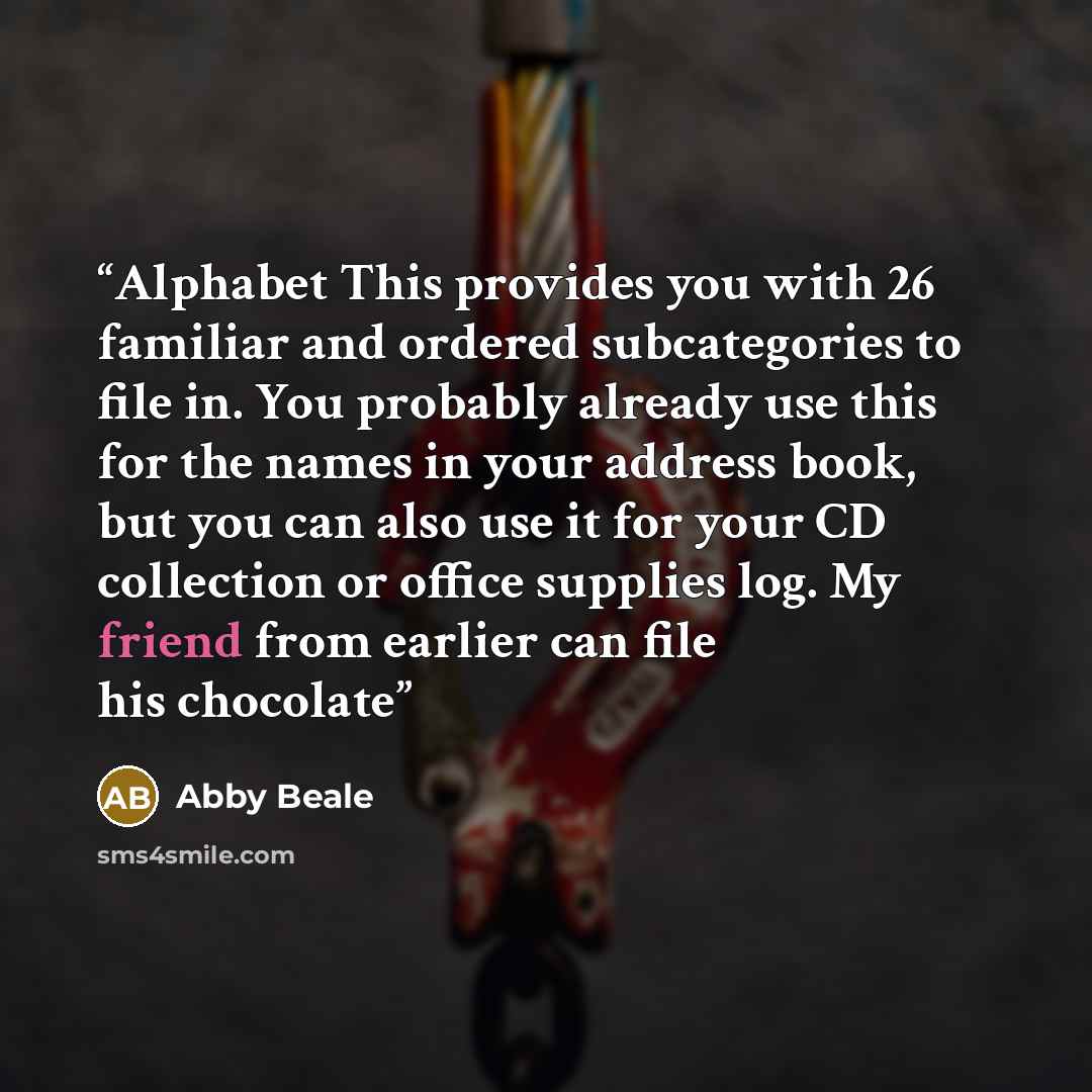 “Alphabet This provides you with 26 familiar and ordered subcategories to file in. You probably already use this for the names in your address book, but you can also use it for your CD collection or office supplies log. My friend from earlier can file his chocolate” quote by Abby Beale
