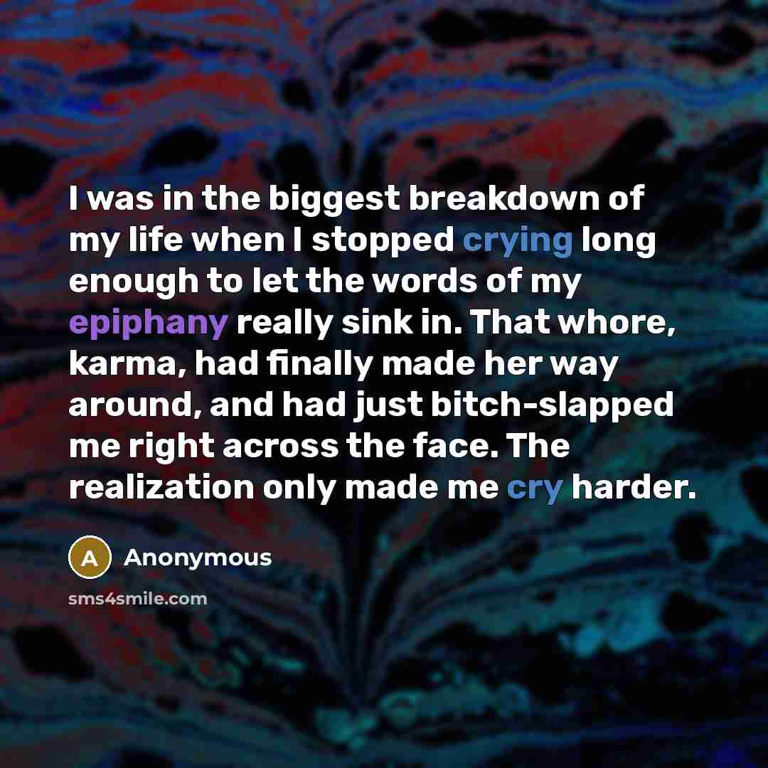 “I was in the biggest breakdown of my life when I stopped crying long enough to let the words of my epiphany really sink in. That whore, karma, had finally made her way around, and had just bitch-slapped me right across the face. The realization only made me cry harder.” quote by Anonymous