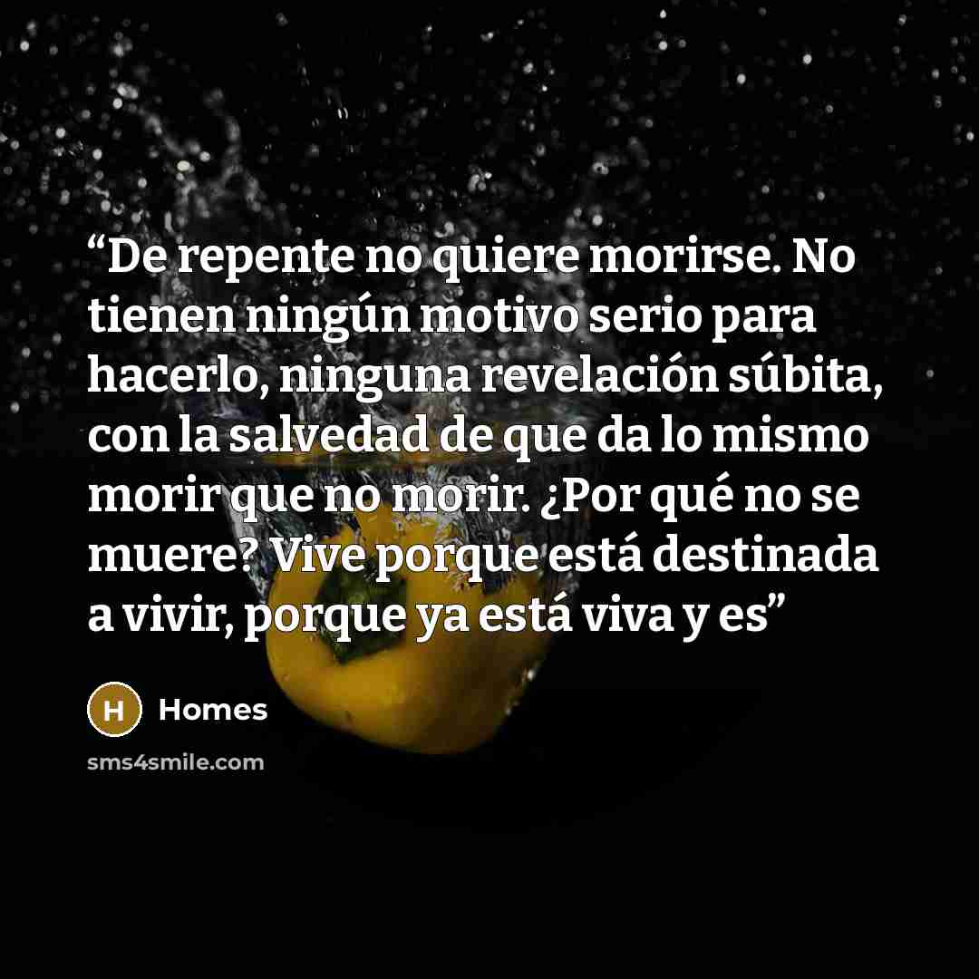 “De repente no quiere morirse. No tienen ningún motivo serio para hacerlo, ninguna revelación súbita, con la salvedad de que da lo mismo morir que no morir. ¿Por qué no se muere? Vive porque está destinada a vivir, porque ya está viva y es” quote by Homes