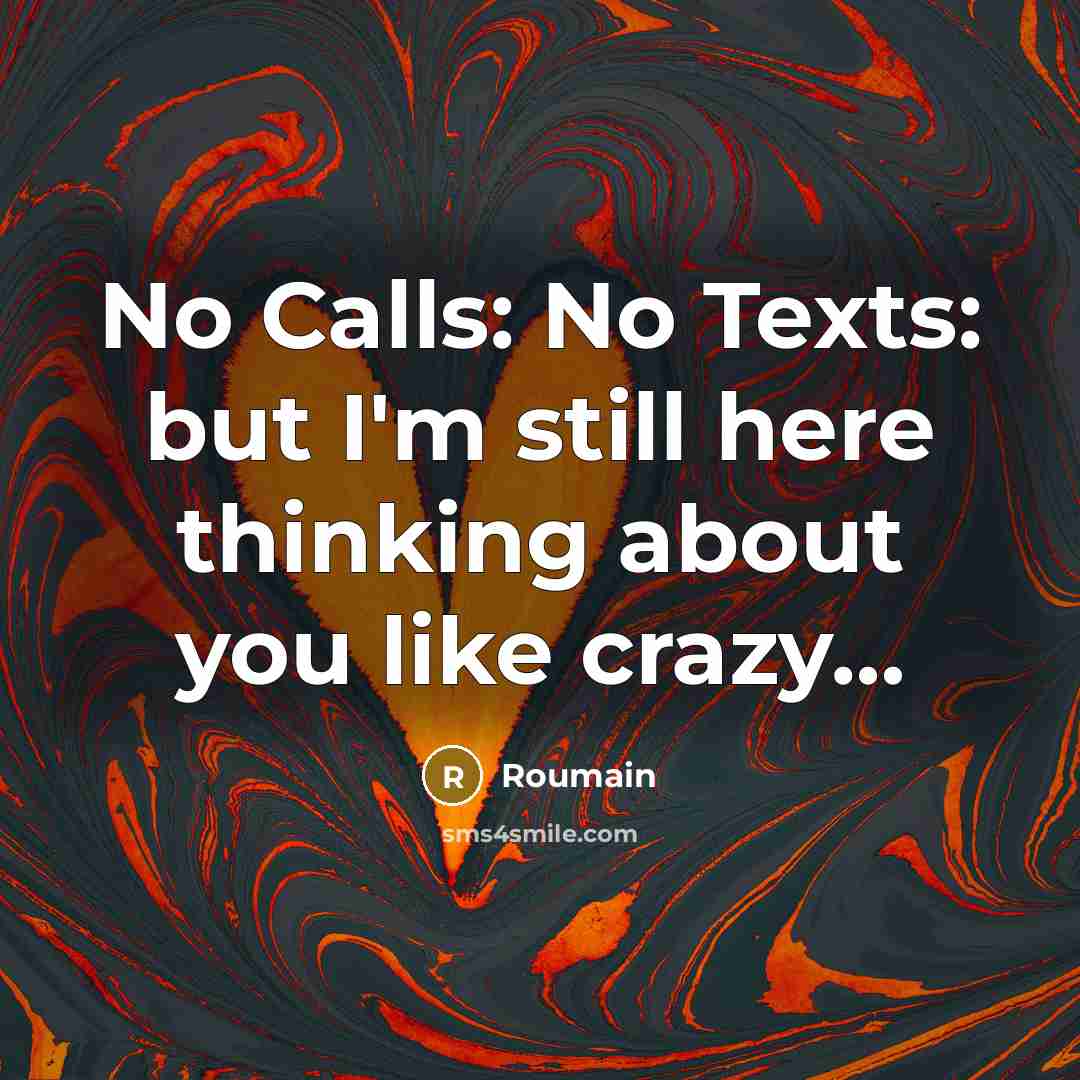 “No Calls: No Texts: but I'm still here thinking about you like crazy…” quote by Roumain