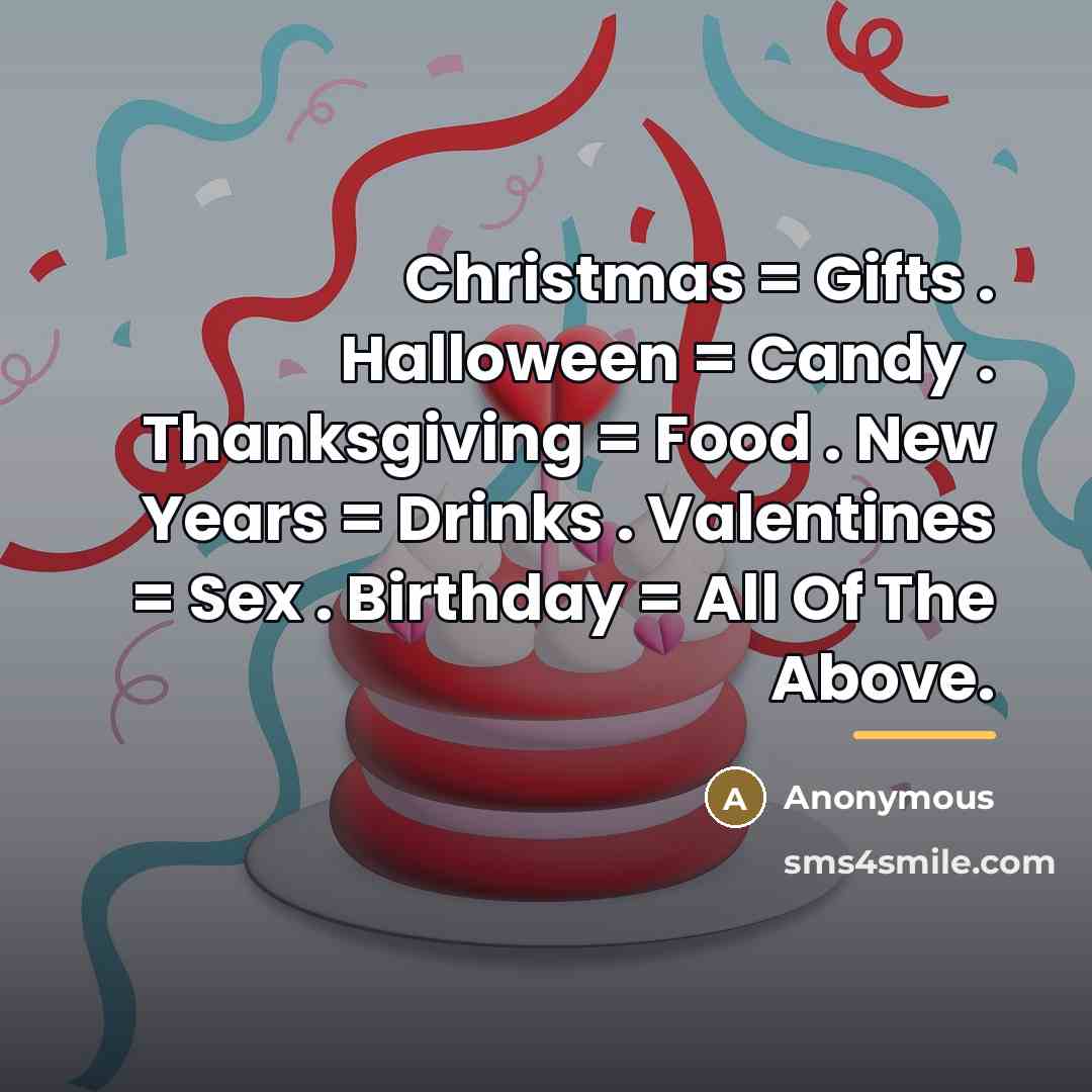 “Christmas = Gifts . Halloween = Candy . Thanksgiving =…” quote by Anonymous