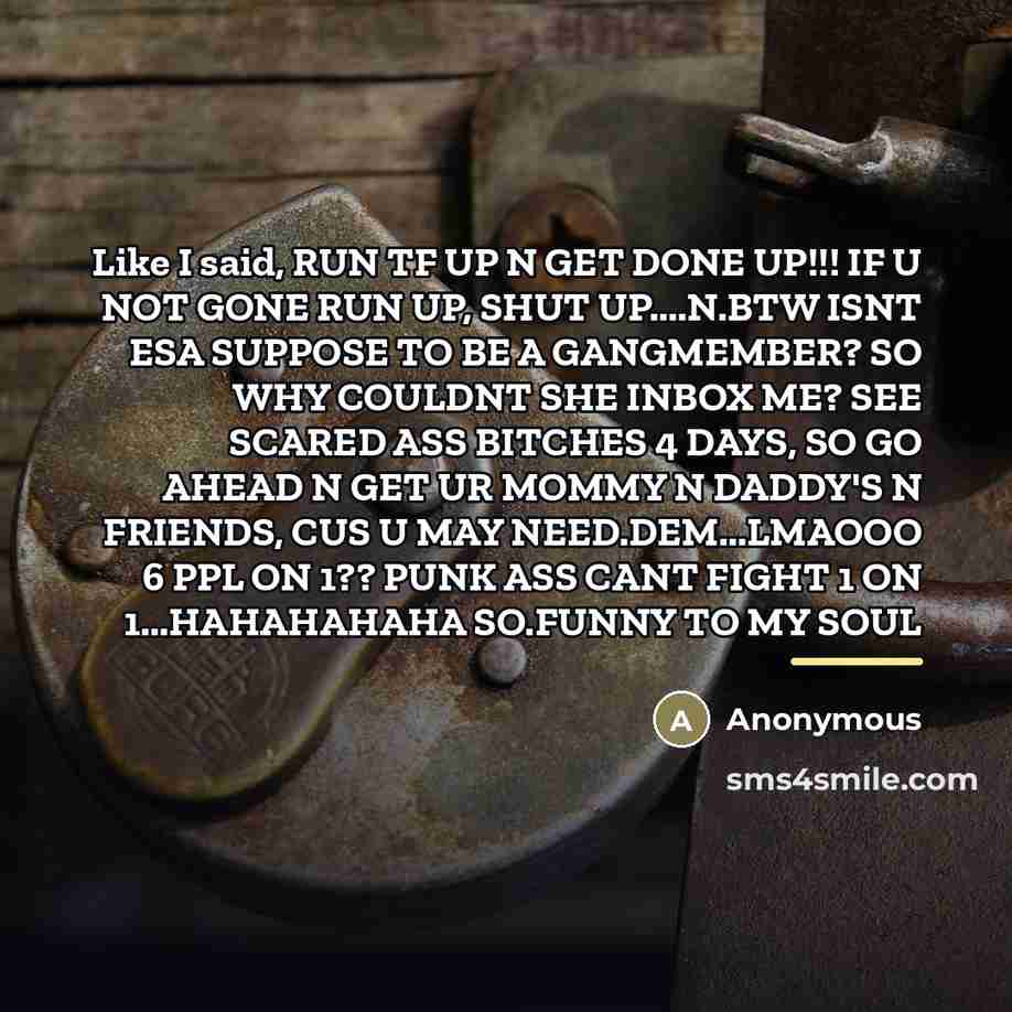 “Like I said, RUN TF UP N GET DONE UP!!! IF U NOT GONE RUN UP, SHUT UP…N.BTW ISNT ESA SUPPOSE TO BE A GANGMEMBER? SO WHY COULDNT SHE INBOX ME? SEE SCARED ASS BITCHES 4 DAYS, SO GO AHEAD N GET UR MOMMY N DADDY'S N FRIENDS, CUS U MAY NEED.DEM...LMAOOO 6 PPL ON 1?? PUNK ASS CANT FIGHT 1 ON…” quote by Anonymous