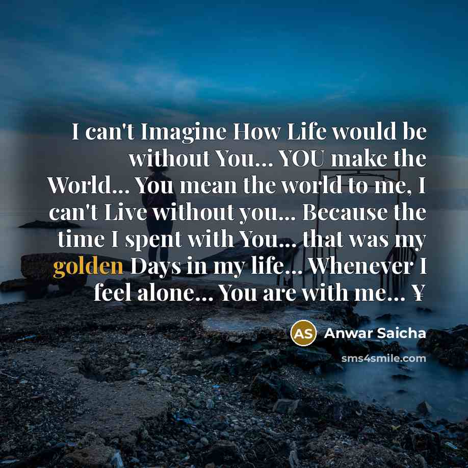 “I can't Imagine How Life would be without You… YOU make the World... You mean the world to me, I can't Live without you... Because the time I spent with You... that was my golden Days in my life... Whenever I feel alone… You are with me… ¥” quote by Anwar Saicha
