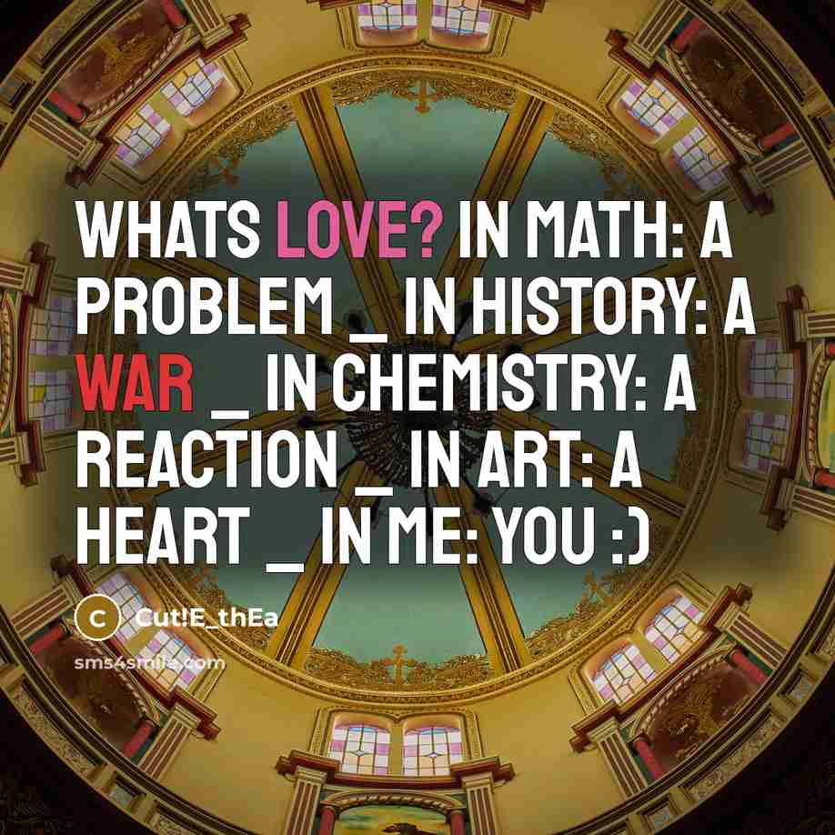 “Whats LOVE? in math: A problem _ in history: A war _ in chemistry: A reaction _ in art: A heart _ in me: YOU :)” quote by Cut!E_thEa
