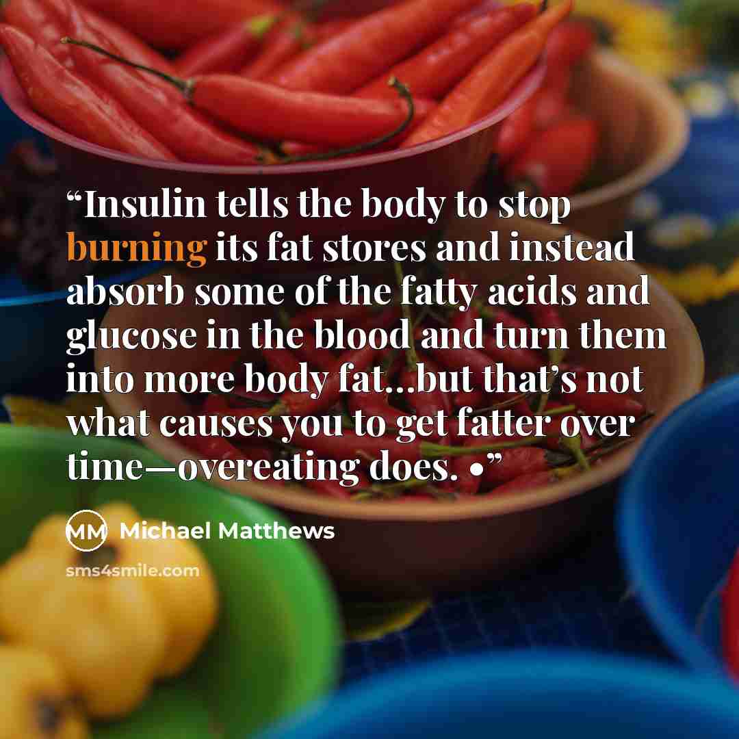 “Insulin tells the body to stop burning its fat stores and instead absorb some of the fatty acids and glucose in the blood and turn them into more body fat…but that’s not what causes you to get fatter over time—overeating does. •” quote by Michael Matthews