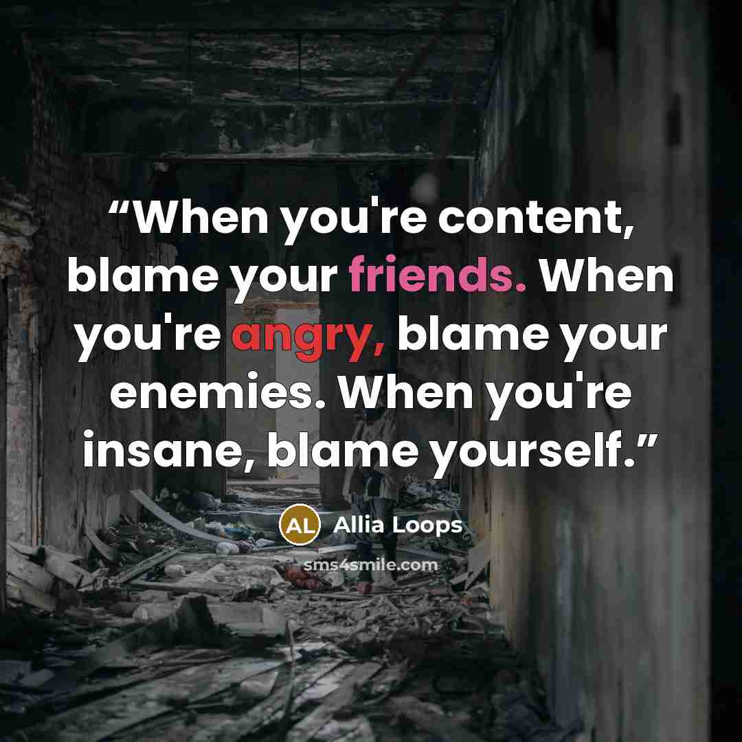 “When you're content, blame your friends. When you're angry, blame your enemies. When you're insane, blame yourself.” quote by Allia Loops