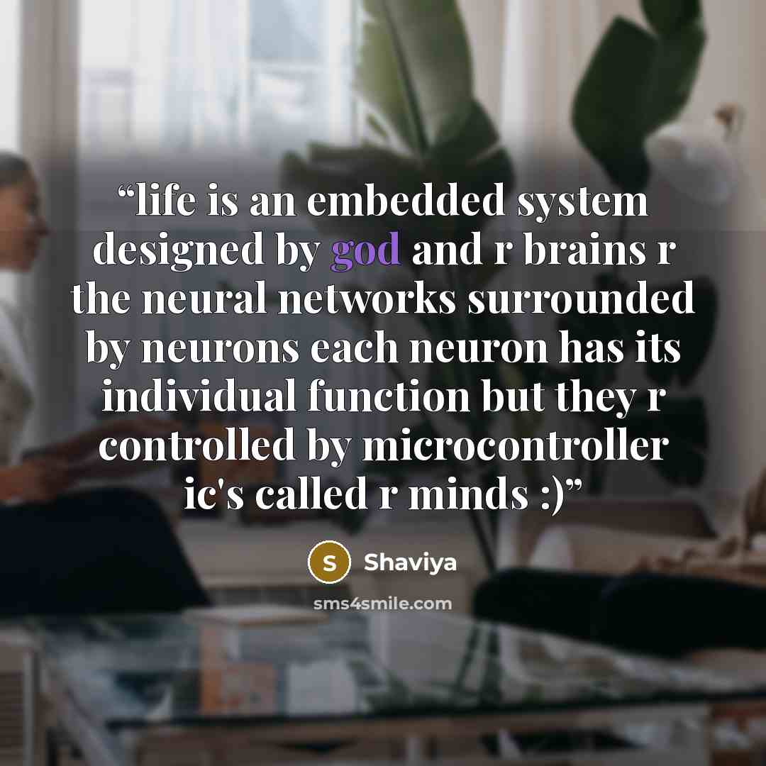 “life is an embedded system designed by god and r brains r the neural networks surrounded by neurons each neuron has its individual function but they r controlled by microcontroller ic's called r minds :)” quote by Shaviya