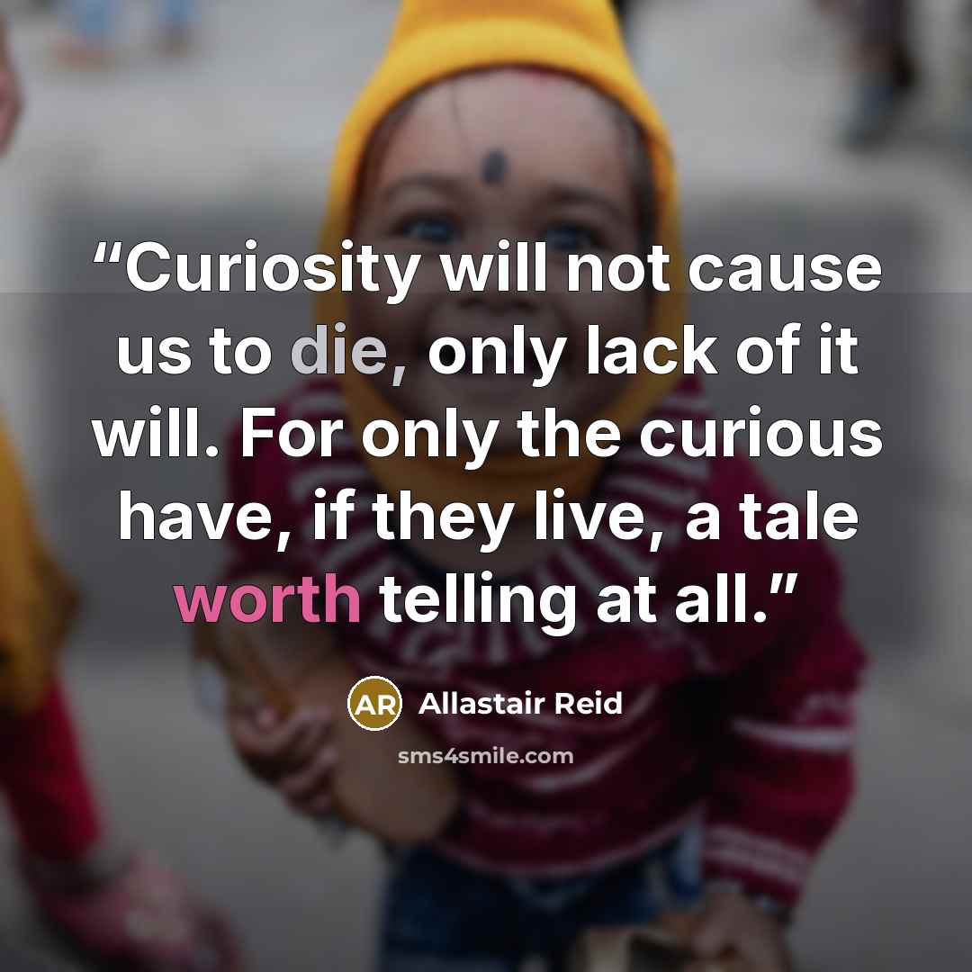 “Curiosity will not cause us to die, only lack of it will. For only the curious have, if they live, a tale worth telling at all.” quote by Allastair Reid