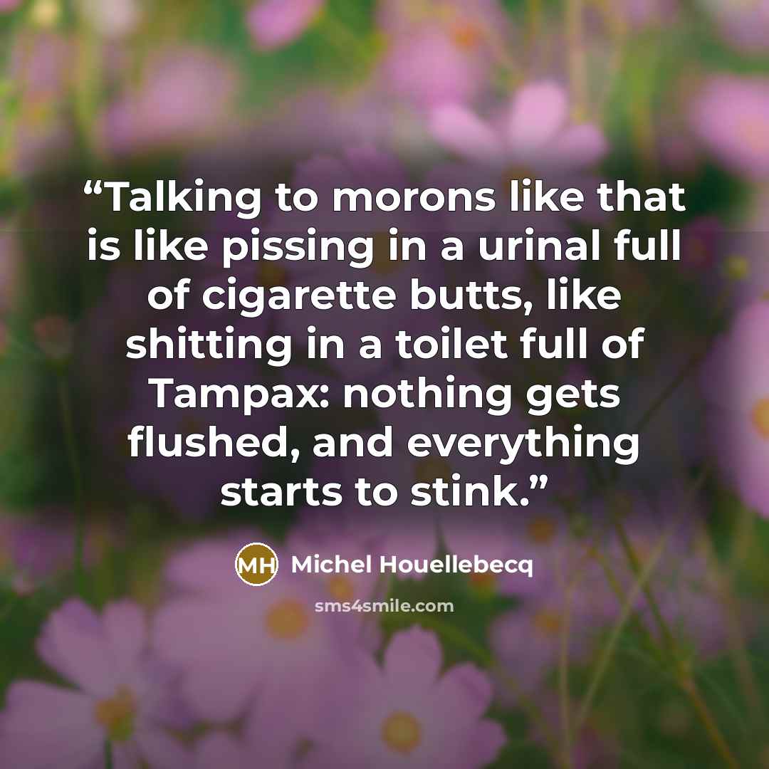 “Talking to morons like that is like pissing in a urinal full of cigarette butts, like shitting in a toilet full of Tampax: nothing gets flushed, and everything starts to stink.” quote by Michel Houellebecq