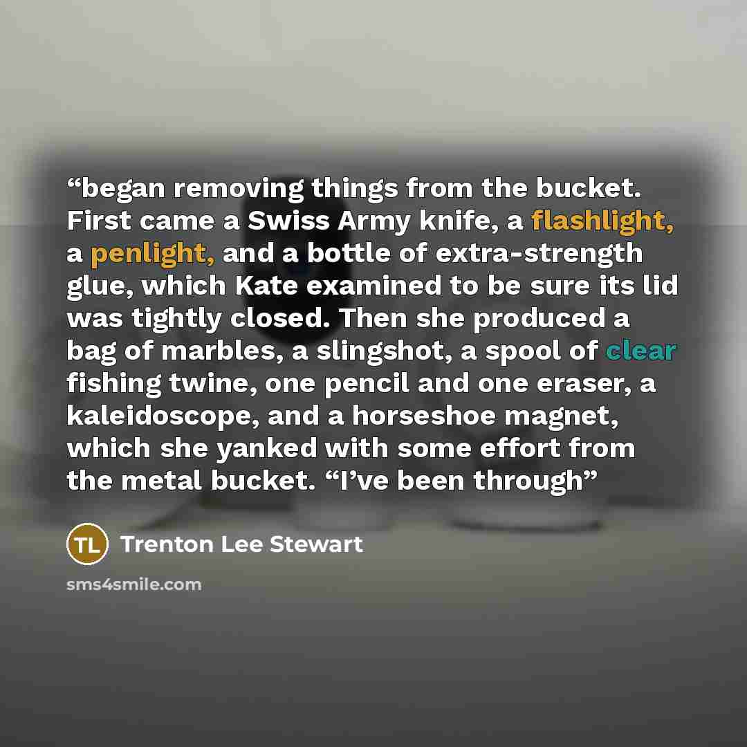 “began removing things from the bucket. First came a Swiss Army knife, a flashlight, a penlight, and a bottle of extra-strength glue, which Kate examined to be sure its lid was tightly closed. Then she produced a bag of marbles, a slingshot, a spool of clear fishing twine, one pencil and one…” quote by Trenton Lee Stewart