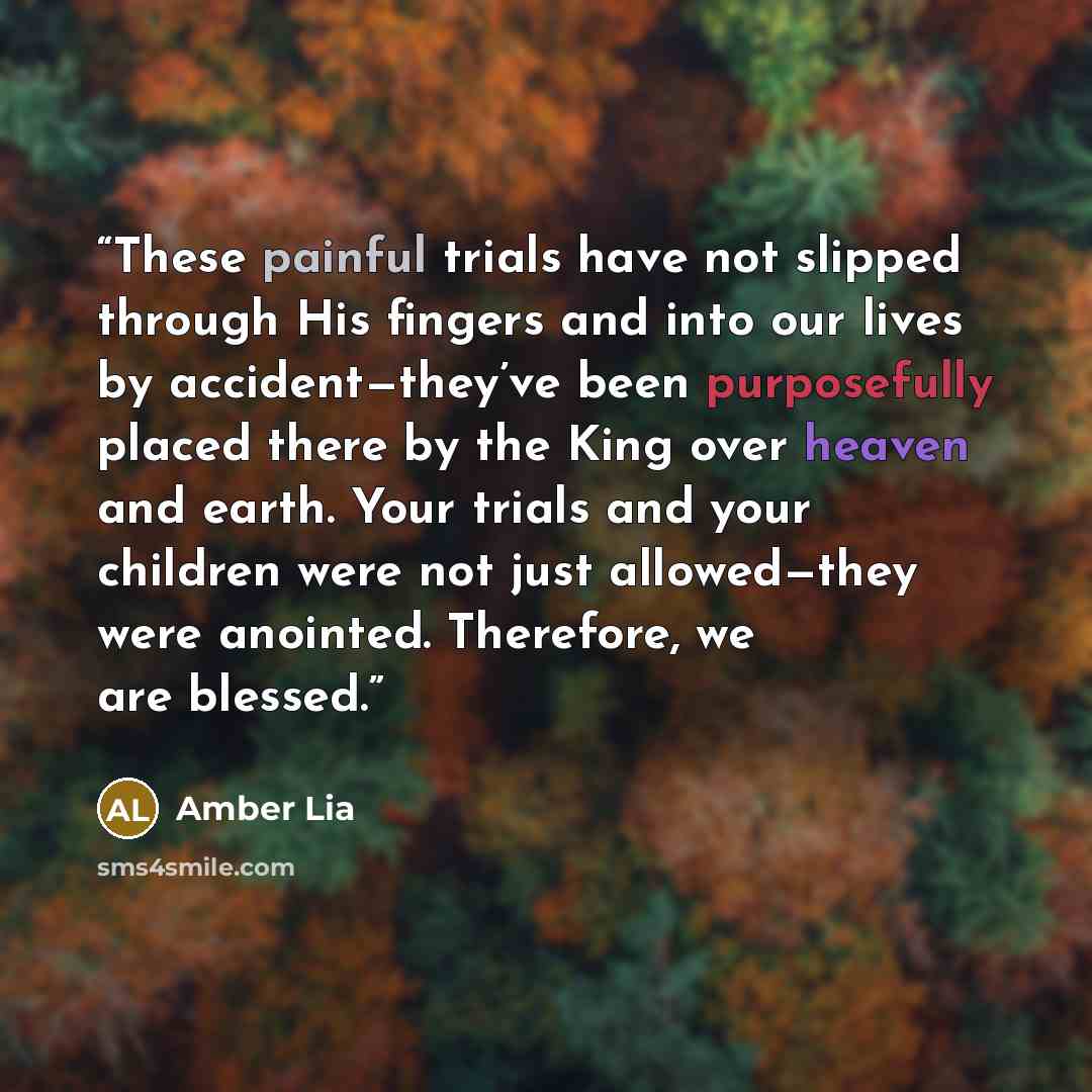 “These painful trials have not slipped through His fingers and into our lives by accident—they’ve been purposefully placed there by the King over heaven and earth. Your trials and your children were not just allowed—they were anointed. Therefore, we are blessed.” quote by Amber Lia