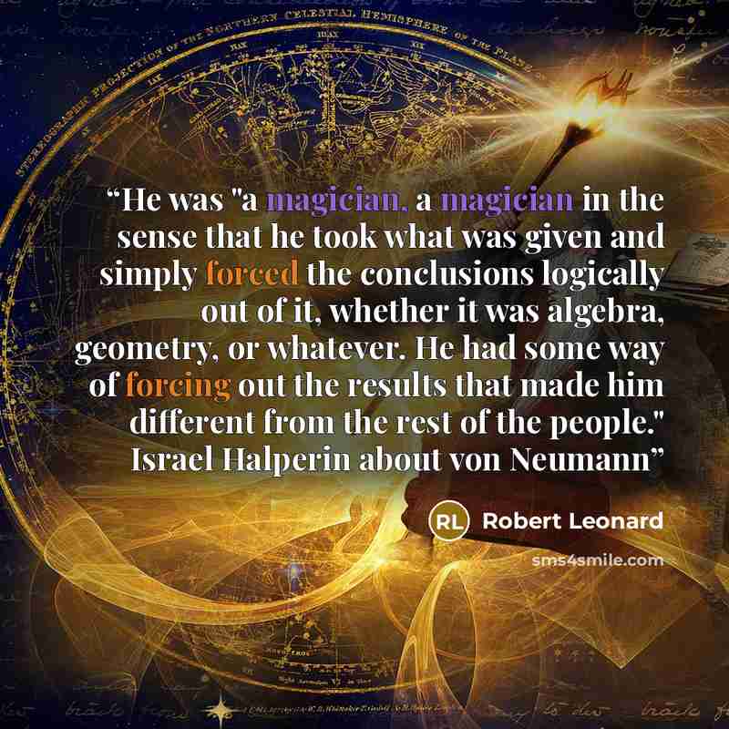 “He was "a magician, a magician in the sense that he took what was given and simply forced the conclusions logically out of it, whether it was algebra, geometry, or whatever. He had some way of forcing out the results that made him different from the rest of the people." Israel Halperin about von…” quote by Robert Leonard