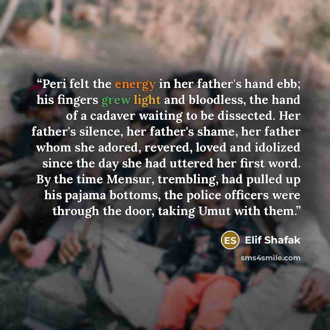 “Peri felt the energy in her father's hand ebb; his fingers grew light and bloodless, the hand of a cadaver waiting to be dissected. Her father's silence, her father's shame, her father whom she adored, revered, loved and idolized since the day she had uttered her first word. By the time Mensur…” quote by Elif Shafak