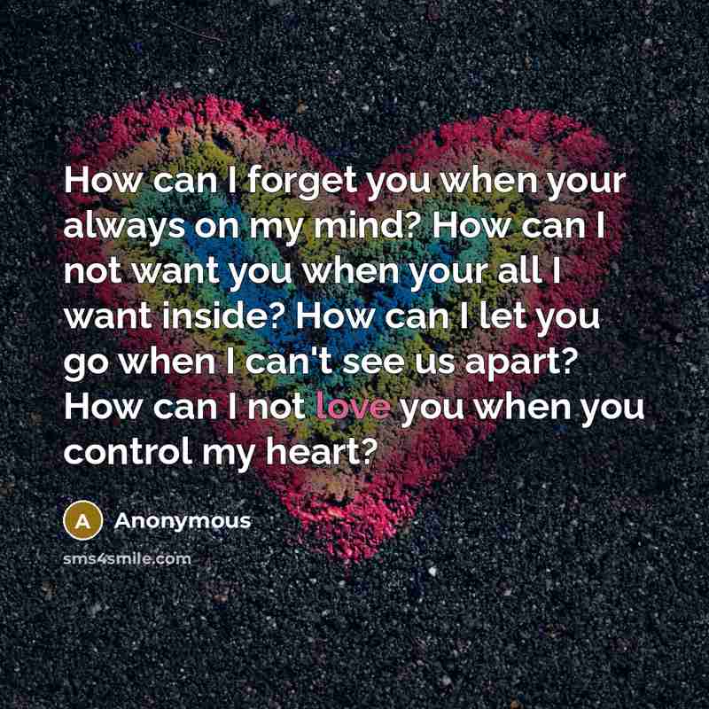 “How can I forget you when your always on my mind? How can I not want you when your all I want inside? How can I let you go when I can't see us apart? How can I not love you when you control my heart?” quote by Anonymous