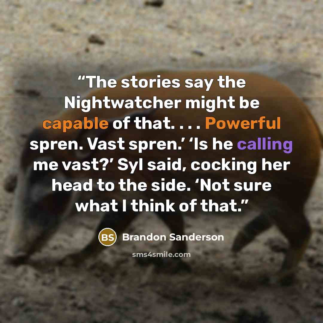 “The stories say the Nightwatcher might be capable of that. . . . Powerful spren. Vast spren.’ ‘Is he calling me vast?’ Syl said, cocking her head to the side. ‘Not sure what I think of that.” quote by Brandon Sanderson