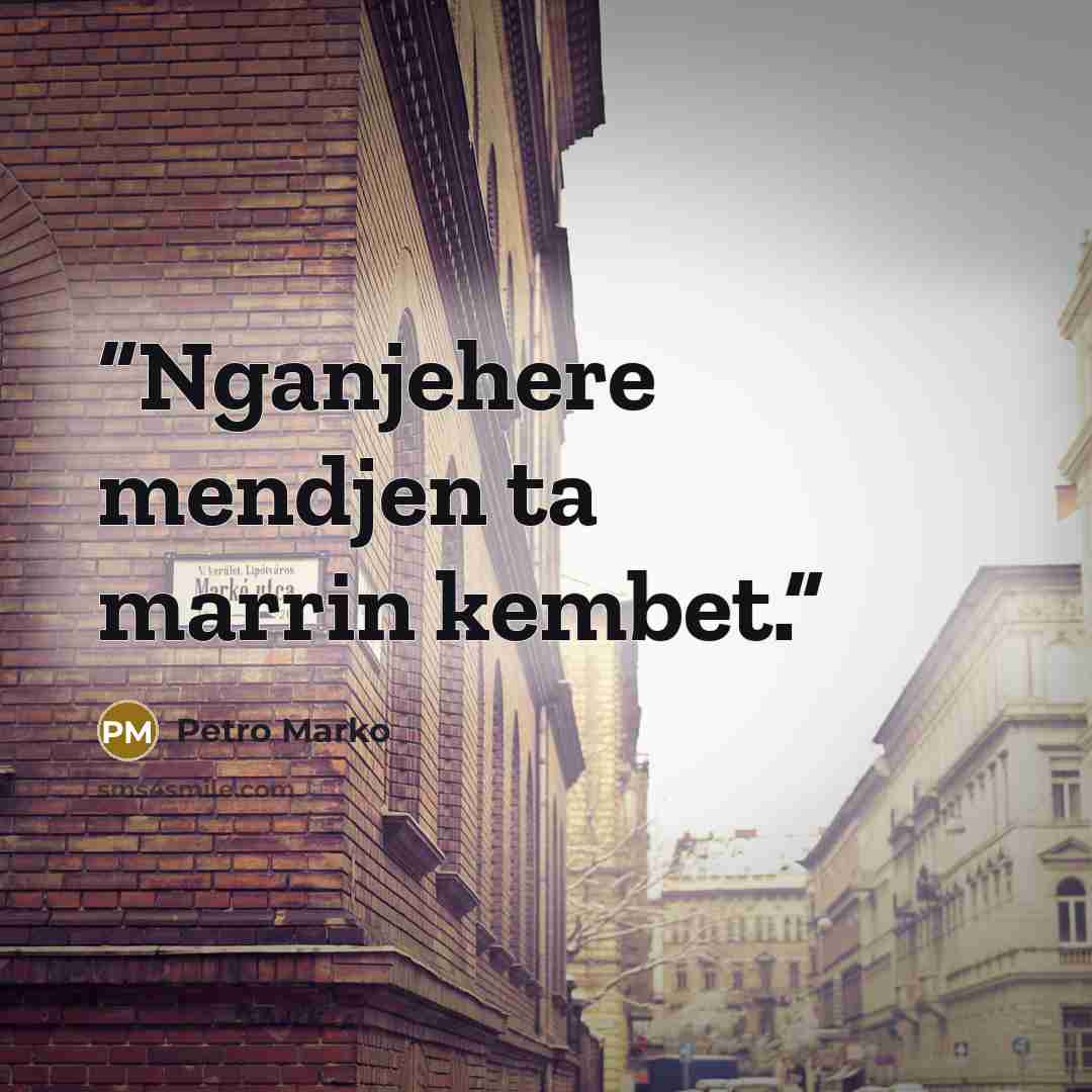 “Nganjehere mendjen ta marrin kembet.” quote by Petro Marko