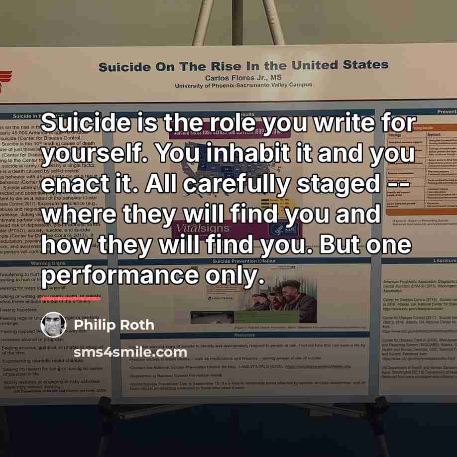 “Suicide is the role you write for yourself. You inhabit…” quote by Philip Roth