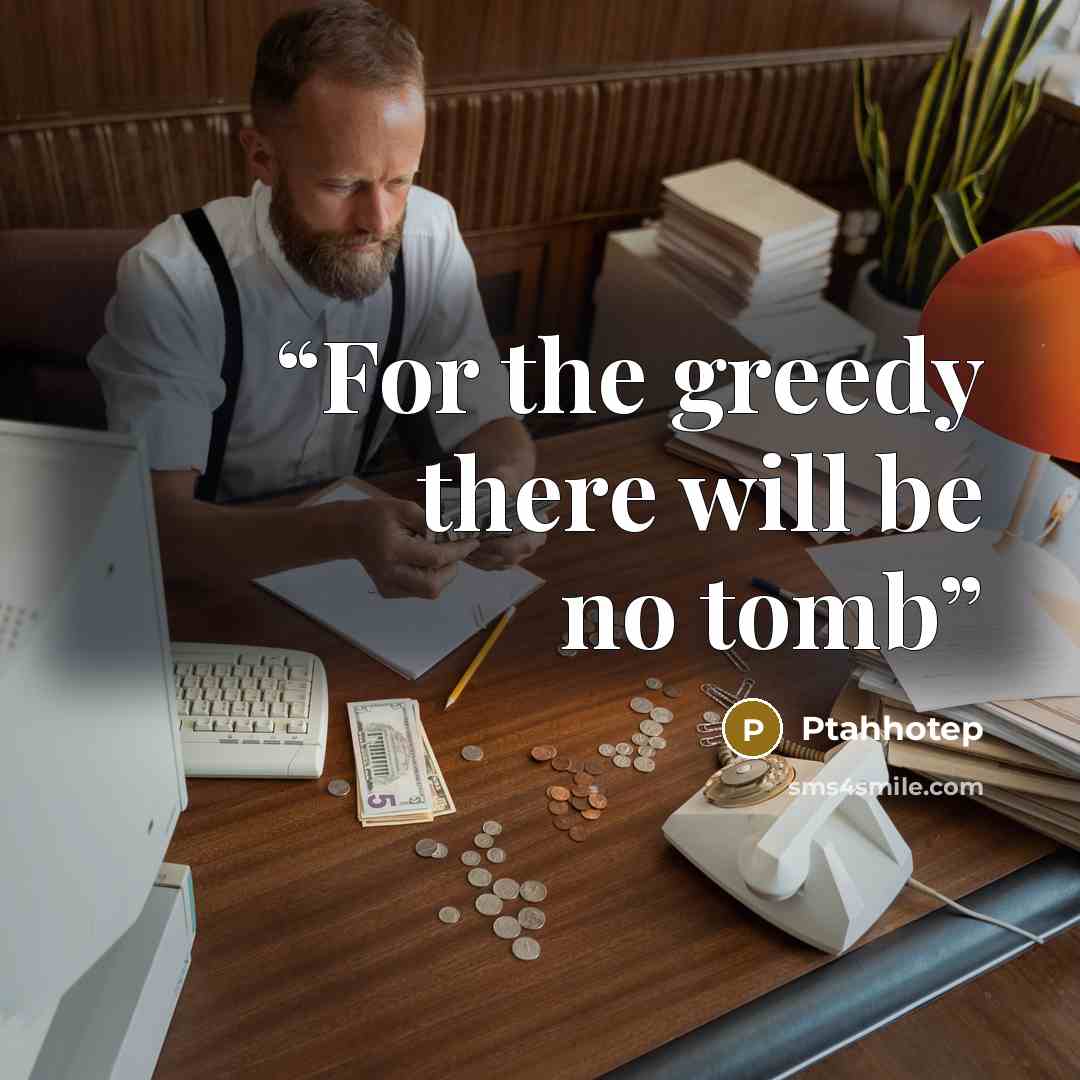 “For the greedy there will be no tomb” quote by Ptahhotep