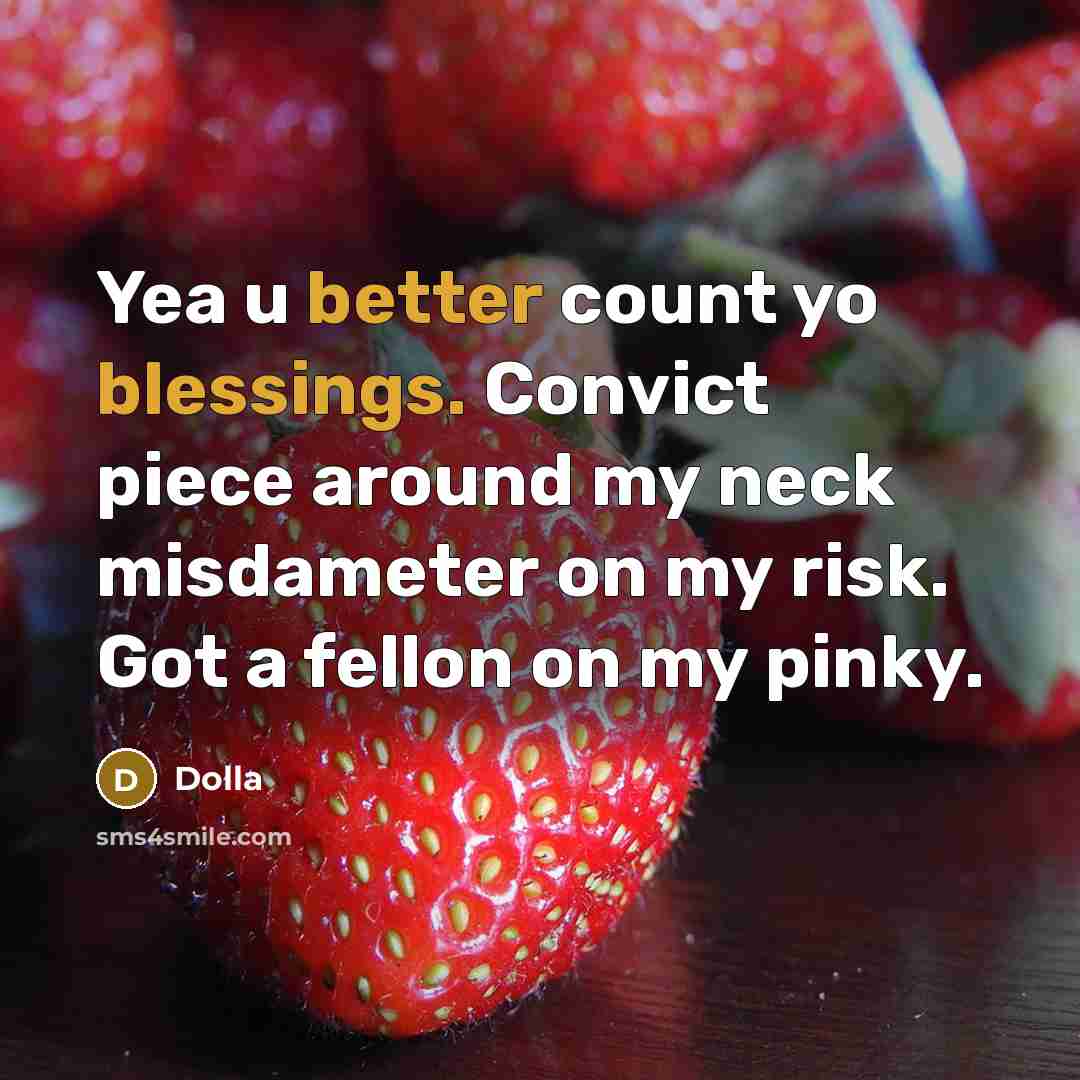 “Yea u better count yo blessings. Convict piece around my neck misdameter on my risk. Got a fellon on my pinky.” quote by Dolla