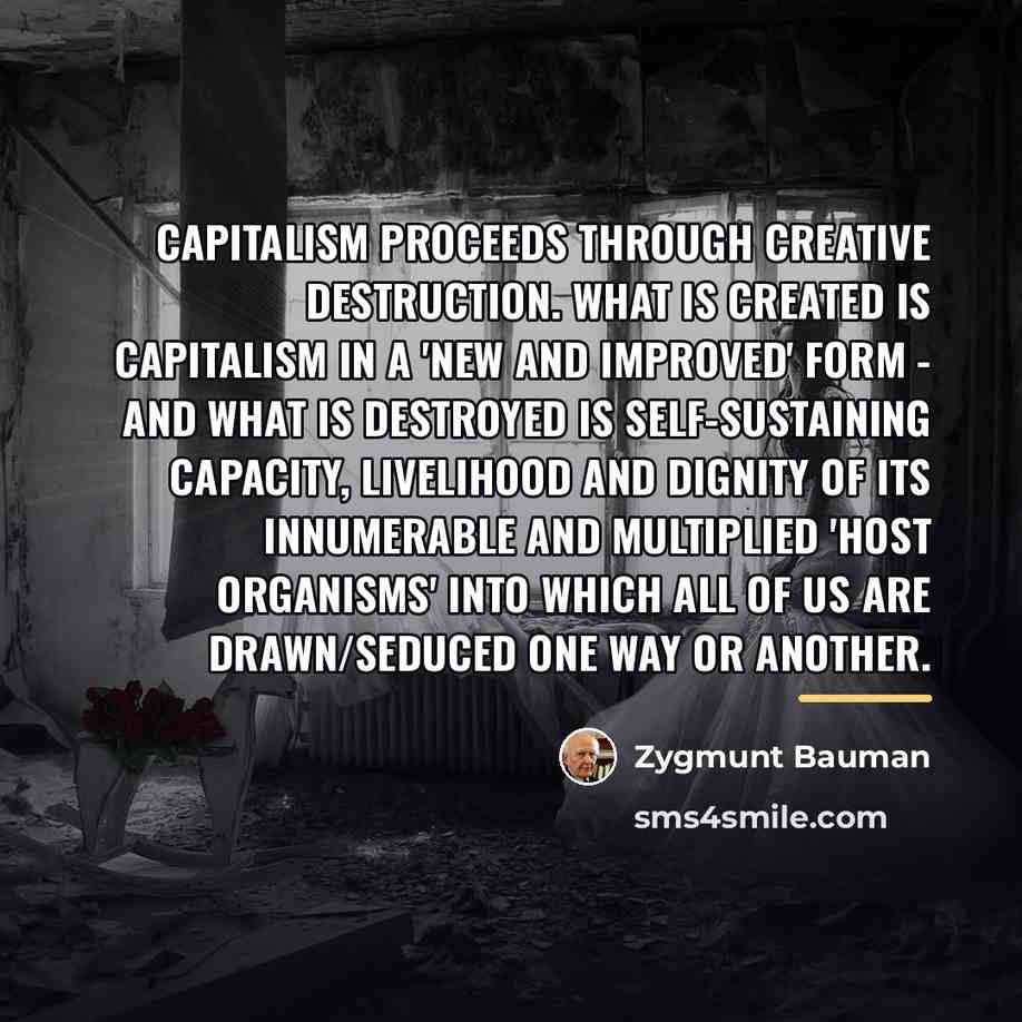 “Capitalism proceeds through creative destruction. What is created is capitalism…” quote by Zygmunt Bauman