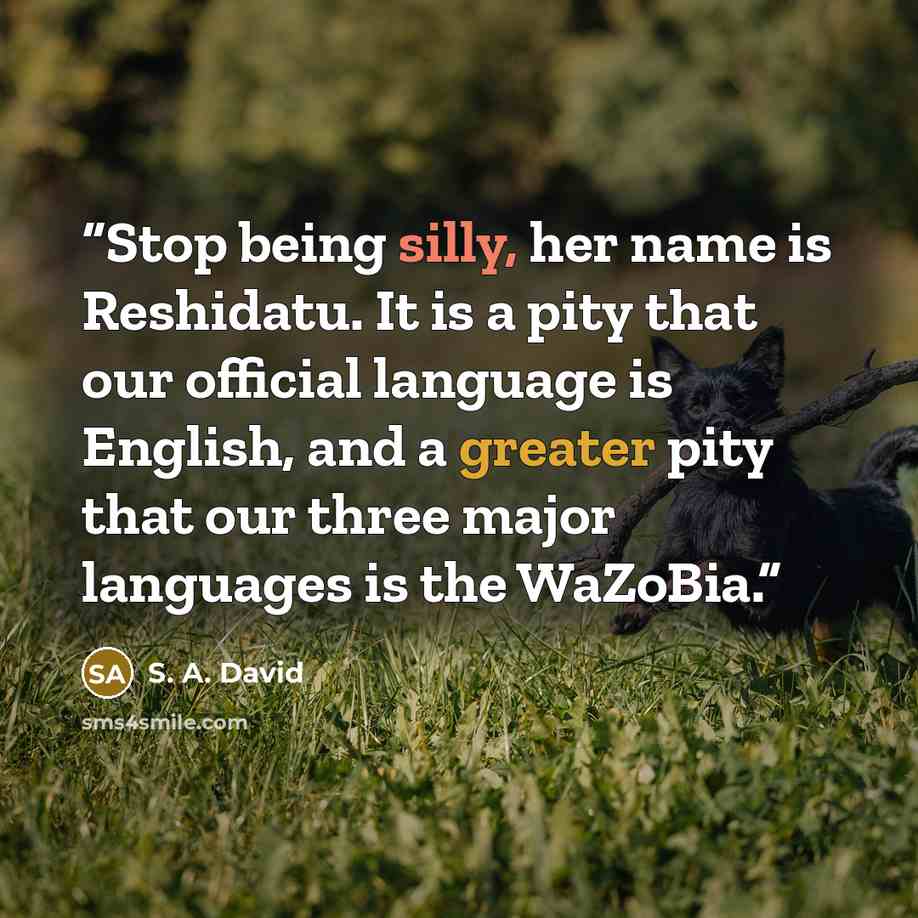 “Stop being silly, her name is Reshidatu. It is a pity that our official language is English, and a greater pity that our three major languages is the WaZoBia.” quote by S. A. David