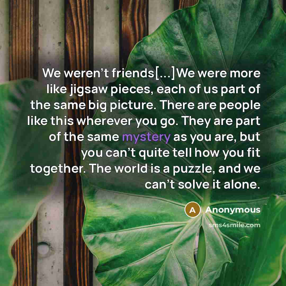 “We weren't friends[...]We were more like jigsaw pieces, each of…” quote by Anonymous