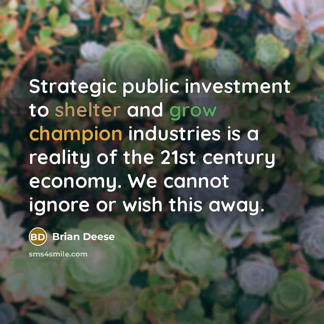 “Strategic public investment to shelter and grow champion industries is…” quote by Brian Deese
