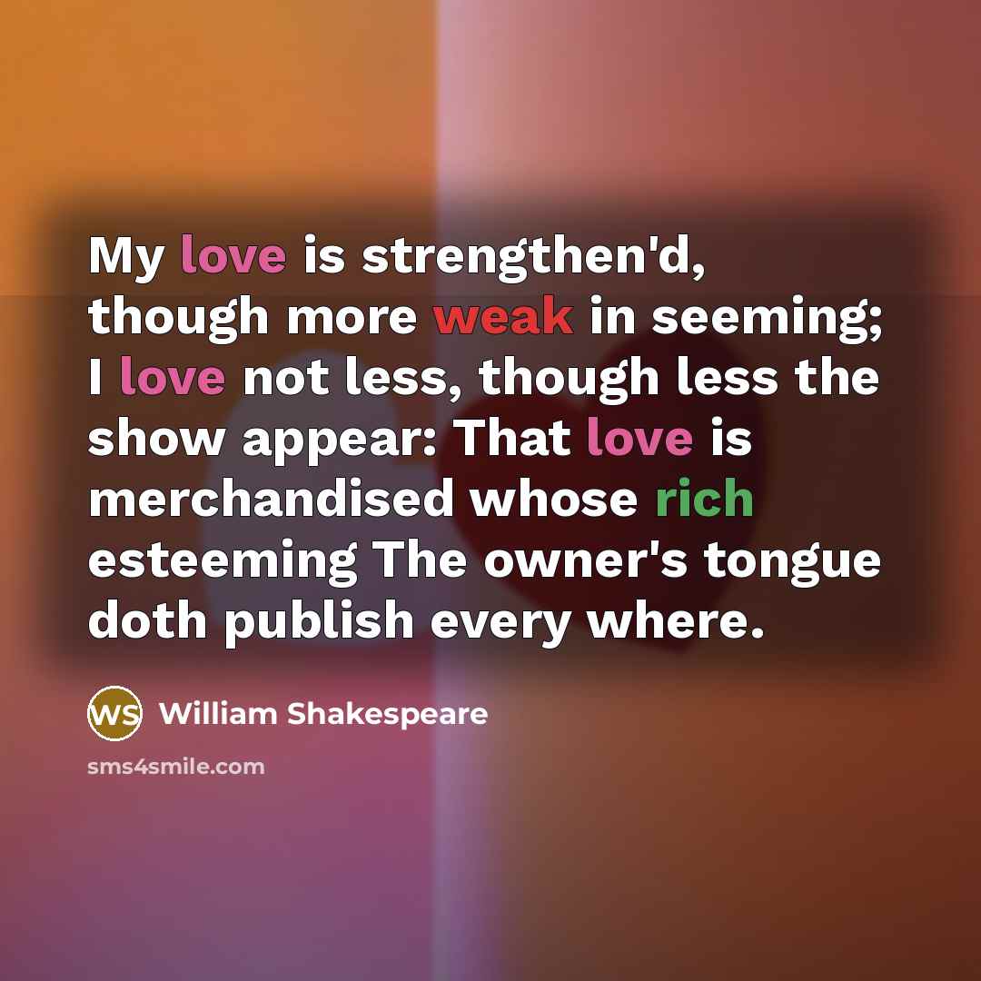 “My love is strengthen'd, though more weak in seeming; I…” quote by William Shakespeare