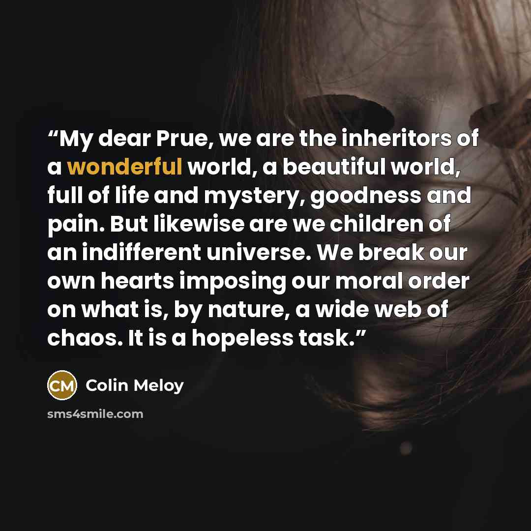 “My dear Prue, we are the inheritors of a wonderful world, a beautiful world, full of life and mystery, goodness and pain. But likewise are we children of an indifferent universe. We break our own hearts imposing our moral order on what is, by nature, a wide web of chaos. It is a hopeless task.” quote by Colin Meloy