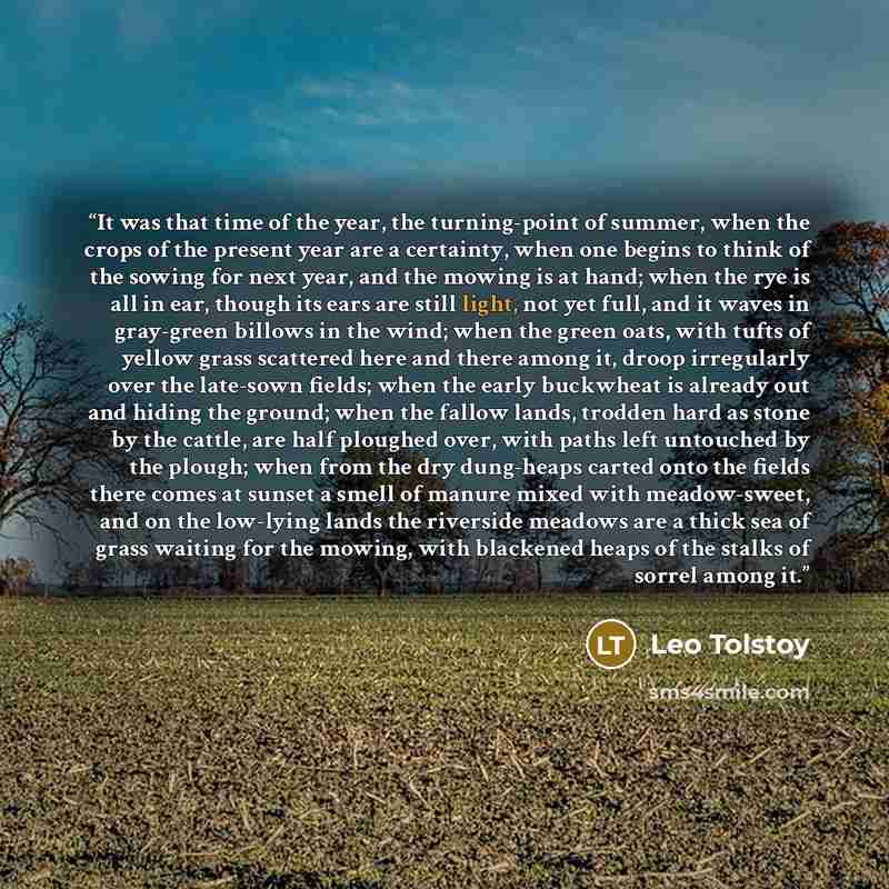 “It was that time of the year, the turning-point of summer, when the crops of the present year are a certainty, when one begins to think of the sowing for next year, and the mowing is at hand; when the rye is all in ear, though its ears are still light, not yet full, and it waves in gray-green…” quote by Leo Tolstoy