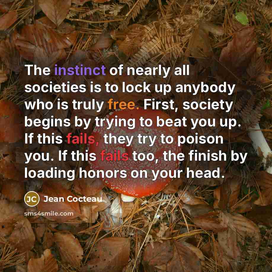 “The instinct of nearly all societies is to lock up anybody who is truly free. First, society begins by trying to beat you up. If this fails, they try to poison you. If this fails too, the finish by loading honors on your head.” quote by Jean Cocteau