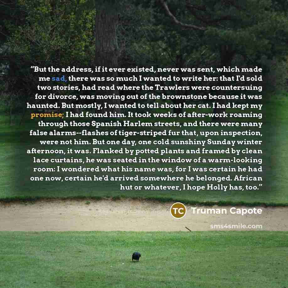 “But the address, if it ever existed, never was sent, which made me sad, there was so much I wanted to write her: that I'd sold two stories, had read where the Trawlers were countersuing for divorce, was moving out of the brownstone because it was haunted. But mostly, I wanted to tell about her…” quote by Truman Capote